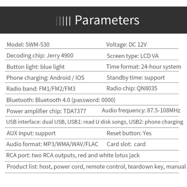 SWM-530 12V Universal Car Dual USB Charger Radio Receiver MP3 Player, Support FM & Bluetooth with Remote Control - Image 16