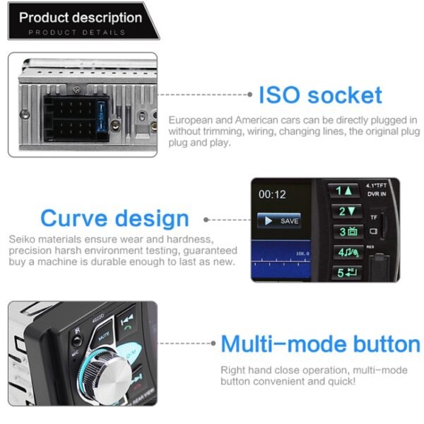 SWM-4022D HD 4.1 inch 12V Universal Car Radio Receiver MP5 Player, Support FM & Bluetooth & TF Card with Remote Control - Image 5