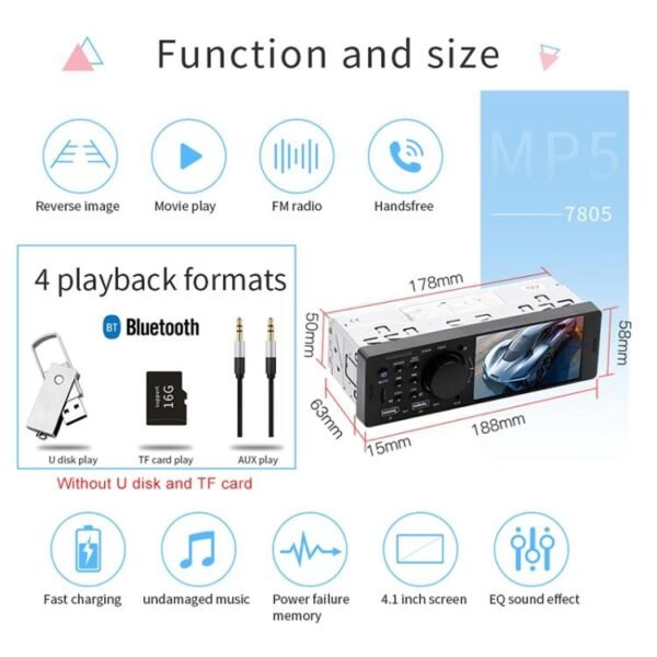7805 4.1 inch Universal Car Radio Receiver MP5 Player, Support FM & Bluetooth & TF Card with Remote Control - Image 5