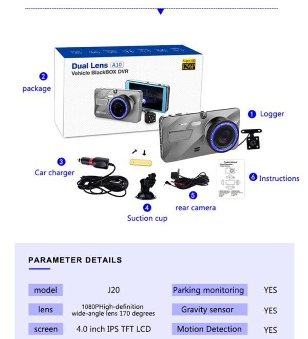 J20-1 2.5D 4 inch 170 Degrees Wide Angle Full HD 1080P Video Car DVR, Support TF Card / Motion Detection / Loop Recording - Image 4