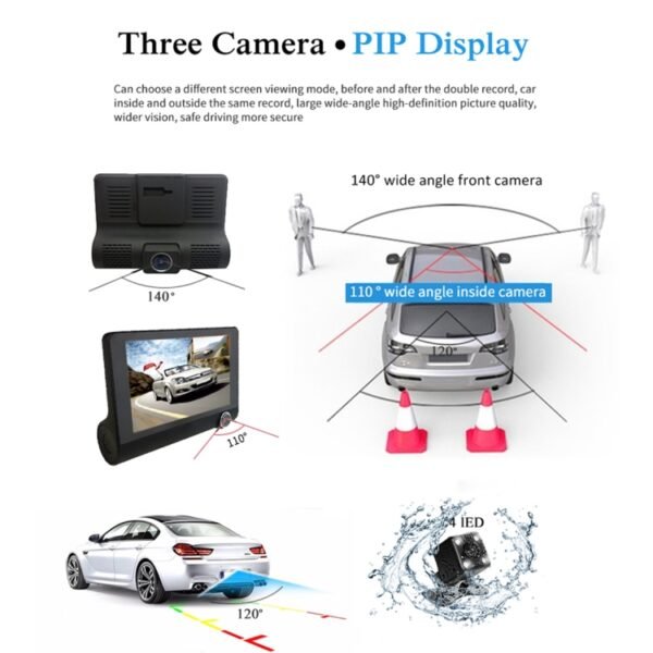4.0 inch IPS Screen 5.0 Mega Pixels 170 Degrees Wide Angle Full HD 1080P 3 Channels Video Car DVR, Support Night Vision Fill Light / Reversing Visual / TF Card(32GB Max) / G-sensor / Motion Detection - Image 9