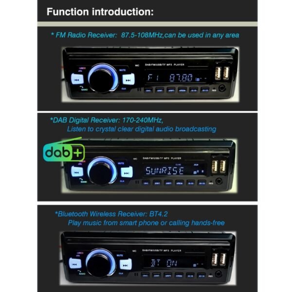 1-Din Car DAB Radio Player Stereo System FM Receiver, Support Bluetooth & U Disk & MP3 & TF Card - Image 3
