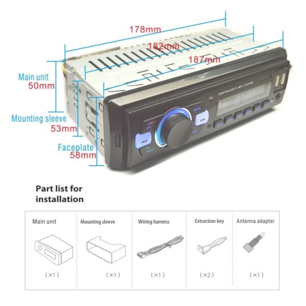 1-Din Car DAB Radio Player Stereo System FM Receiver, Support Bluetooth & U Disk & MP3 & TF Card - Image 6