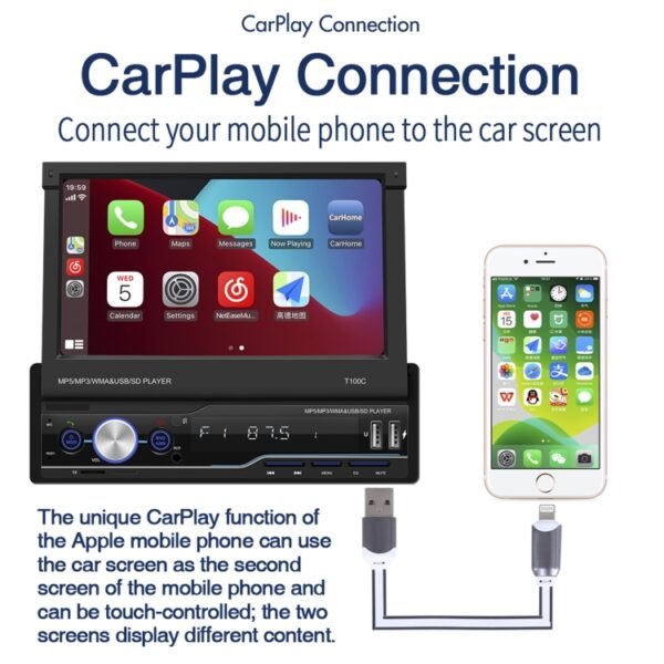 T100C 7 inch Manually Retractable Screen Car MP5 Player Radio, Support Mirror Link & FM & TF Card & USB & Bluetooth Hand-free Calling & Reversing Trajectory System & CayPlay Connection - Image 4