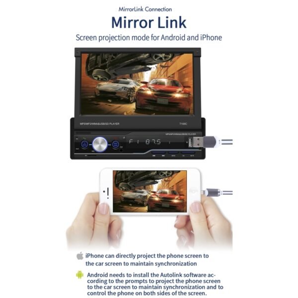 T100C 7 inch Manually Retractable Screen Car MP5 Player Radio, Support Mirror Link & FM & TF Card & USB & Bluetooth Hand-free Calling & Reversing Trajectory System & CayPlay Connection - Image 5