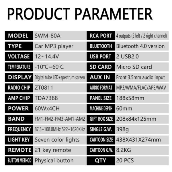 SWM-80A DC12V Car MP3 Support FM / AM & Bluetooth & Mobile Phone Voice Assistant - Image 13