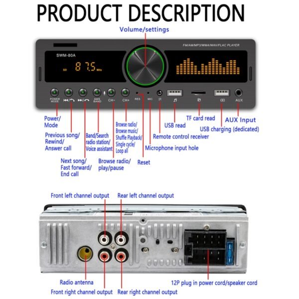 SWM-80A DC12V Car MP3 Support FM / AM & Bluetooth & Mobile Phone Voice Assistant - Image 14