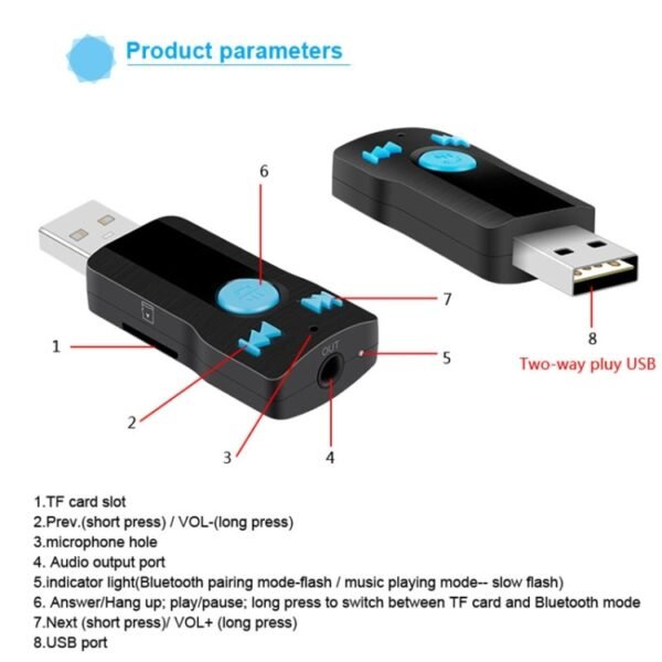 BC07 Mini Brushed Texture USB Bluetooth Receiver MP3 Player SD/TF Card Reader with Microphone & Audio Cable, Support Handsfree & AUX Output & 32GB Micro SD / TF Card & Two-sided USB Port Connecting - Image 15