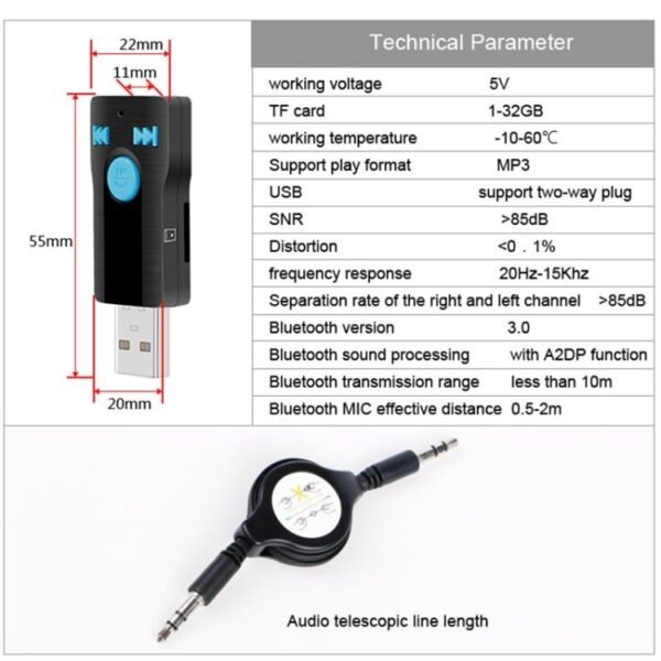 BC07 Mini Brushed Texture USB Bluetooth Receiver MP3 Player SD/TF Card Reader with Microphone & Audio Cable, Support Handsfree & AUX Output & 32GB Micro SD / TF Card & Two-sided USB Port Connecting - Image 16