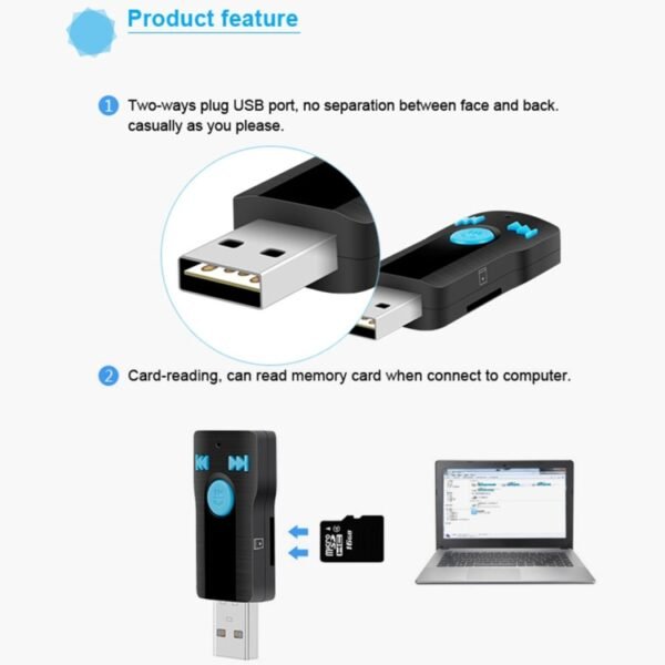 BC07 Mini Brushed Texture USB Bluetooth Receiver MP3 Player SD/TF Card Reader with Microphone & Audio Cable, Support Handsfree & AUX Output & 32GB Micro SD / TF Card & Two-sided USB Port Connecting - Image 17