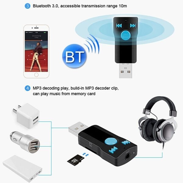 BC07 Mini Brushed Texture USB Bluetooth Receiver MP3 Player SD/TF Card Reader with Microphone & Audio Cable, Support Handsfree & AUX Output & 32GB Micro SD / TF Card & Two-sided USB Port Connecting - Image 18