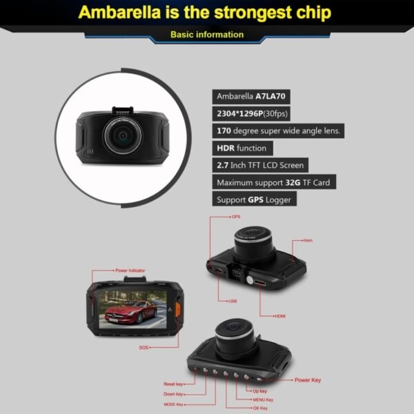 GS90C Car DVR Camera 2.7 inch LCD Screen HD 2304 x 1296P 170 Degree Wide Angle Viewing, Support Motion Detection / TF Card / G-Sensor / HDMI, GS90C - Image 10