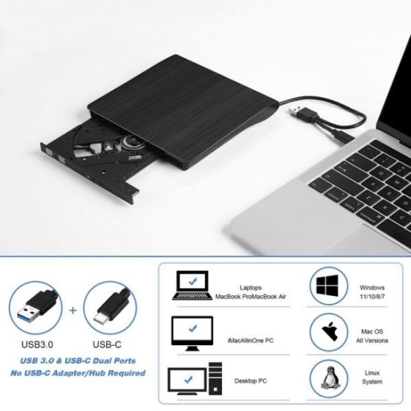BT638 Notebook Desktop External USB 3.0 Portable CD Player CD-RW Optical Drive Burner - Image 4