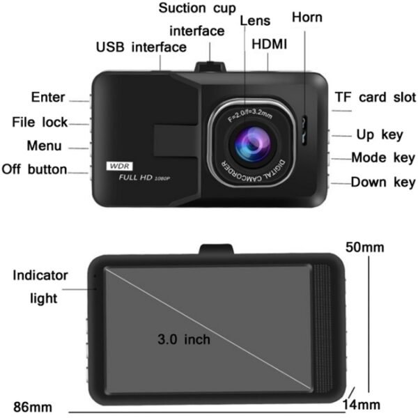 3.0 Inch HD 1080P Wide-Angle Driving Recorder With Reversing Image Specification：, Normal Definition Single Record（Black） - Image 3