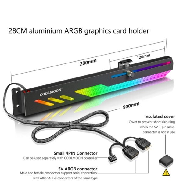 COOLMOON GT8 Graphics Card Bracket With 5V ARGB Multi-interface, Black, White - Image 3