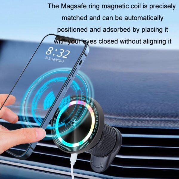 Magsafe 15W Magnetic Colorful Light Wireless Charging Mobile Phone Holder, A9 Air Outlet Dark Gray, A9 Adhesive Dark Gray - Image 5