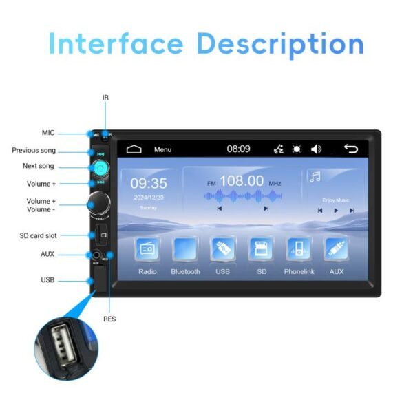 7 Inch Wired Carplay Dual Butt MP5 Player Bluetooth Big Screen Car Center Control, Standard, Standard+12 Light Camera - Image 2