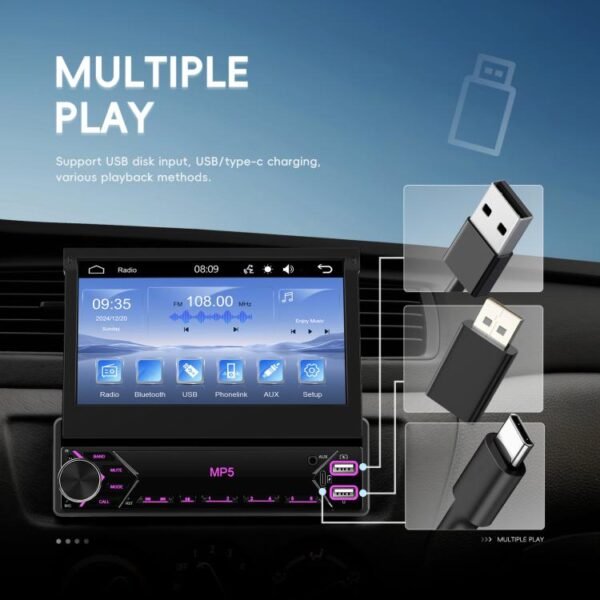 7 inch Universal Manual Retractable Screen Car MP5 Player Car Center Control All-in-One Wired Carplay, Standard, Standard+12 Light Camera - Image 12